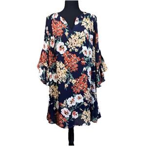 Umgee Floral Mini Dress Blue Size Medium Relaxed Boho Cottagecore Bell Sleeves